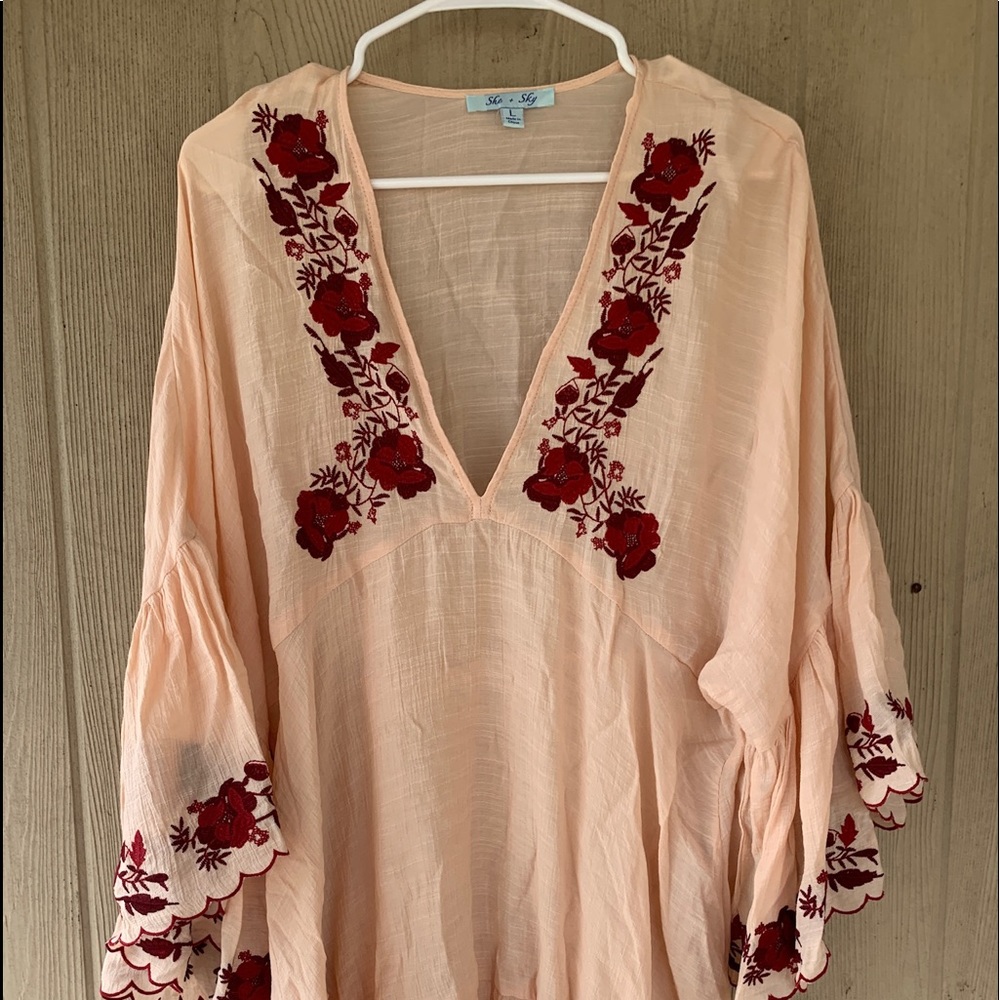 she + sky Pink Western Floral Sleeve Blouse Sz L